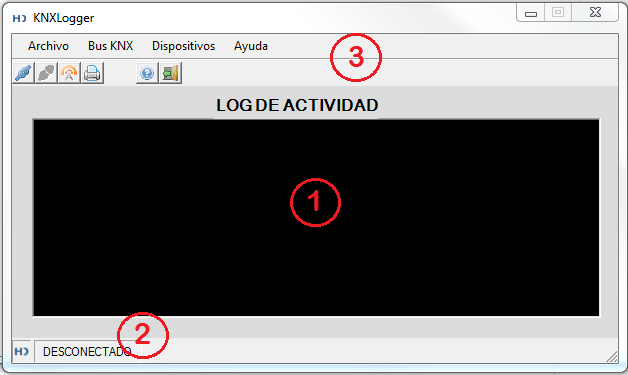 Pantalla principal En la pantalla principal, cuand se están registrand ls events, se muestran en el cuadr LOG DE ACTIVIDAD (Num.