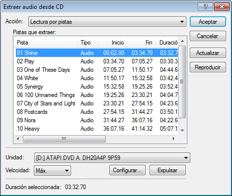 Extracción de audio desde un CD Puede extraer pistas de un CD y añadirlas a la ventana de medios de proyecto como archivos.wav.
