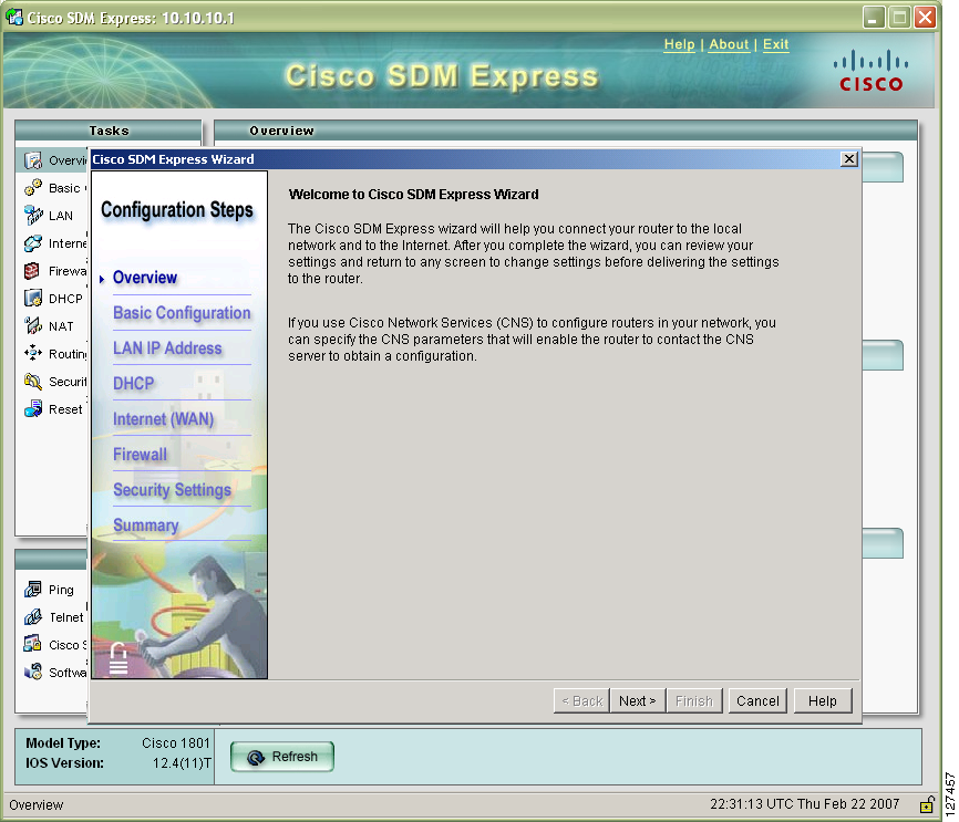 Tarea 4: Complete Cisco SDM Express Paso 2 Aparece la página Aspectos generales de Cisco SDM Express y luego la página Asistente de Cisco SDM Express (Figura 6).