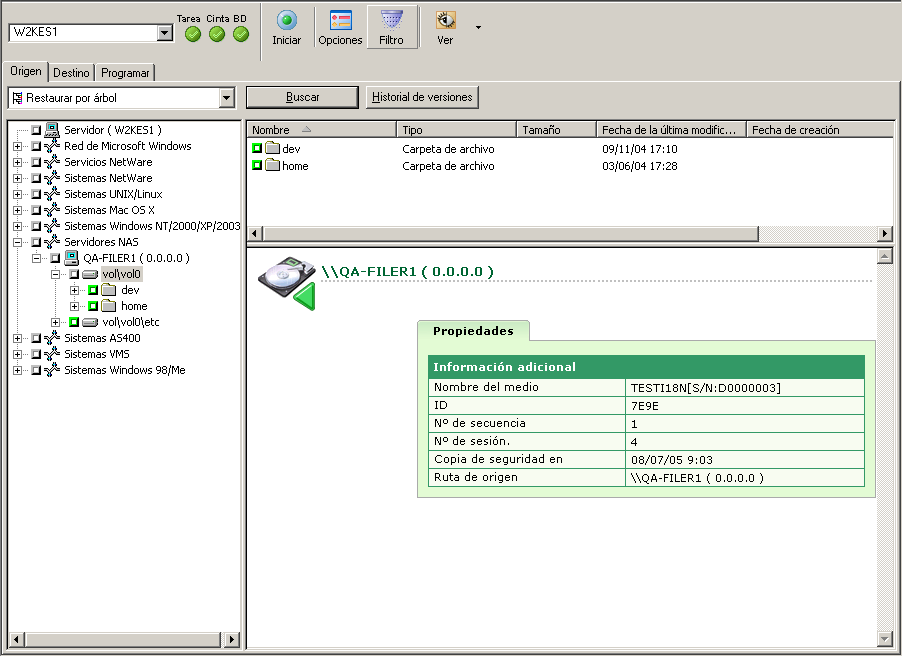 Gestión de operaciones de restauración La siguiente pantalla muestra la ficha Origen con los directorios de un servidor expandidos: Para restaurar por árbol 1. Seleccione restaurar por árbol. 2.