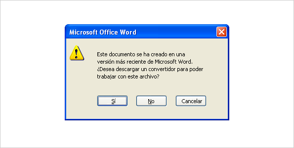 Compartir documentos entre versiones utilizando un convertidor Cuando alguien intenta abrir un documento desde Word 2000, aparecerá este mensaje.