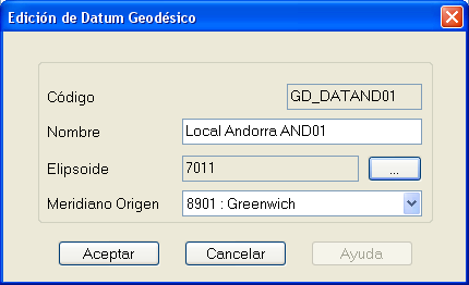 Se permite crear nuevos datums geodésicos de usuario. Los datos que se solicitan son: Código: Se permite una cadena alfanumérica de hasta 16 caracteres.