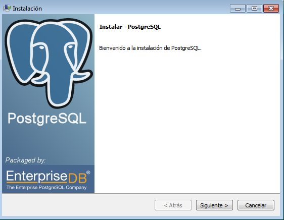 Figura 35 Pantalla de bienvenida a PostgreSQL El siguiente paso muestra el directorio de instalación del software en el cual se guardarán las
