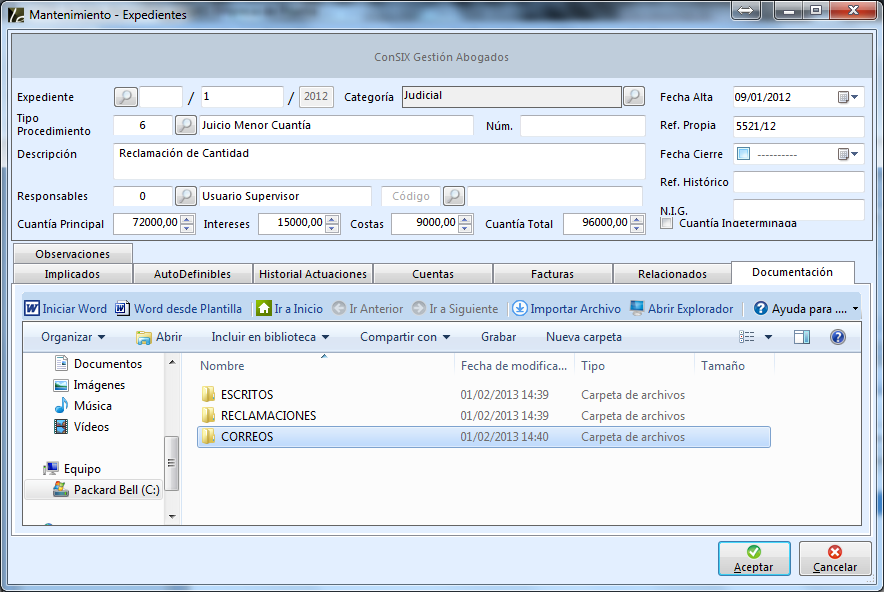 Apartado Documentación En este apartado, podrá asociar cualquier tipo de archivos de Windows con la ficha del expediente.