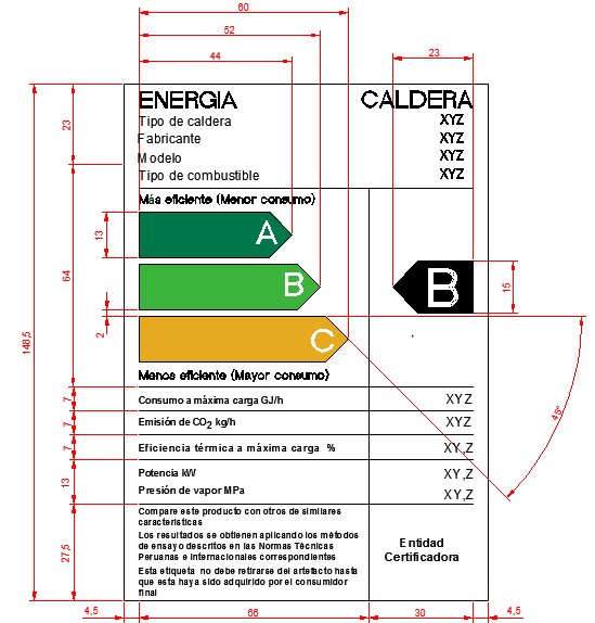 Figura 2 Dimensiones referenciales de la Etiqueta de Eficiencia Energética para las calderas industriales. 2.3.