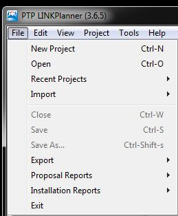 El software cuenta con las siguientes opciones: FILE - New Project.- Permite iniciar con un nuevo proyecto de enlace punto a punto. - Open.- Permite abrir un proyecto existente (.ptpprj /.prj).