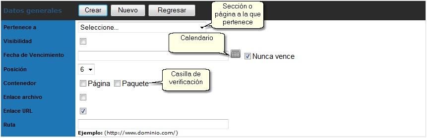 Existen 3 partes de las que se compone el formulario, Datos generales e Idioma Español e Inglés.
