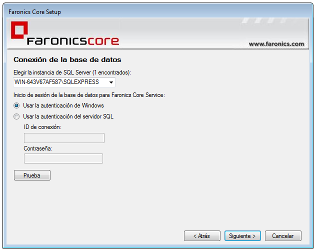 30 Configurar Faronics Core mediante la instalación de Faronics Core Seleccione Use Windows Authentication (Usar la autenticación de Windows) o Use SQL Server Authentication (Usar la autenticación