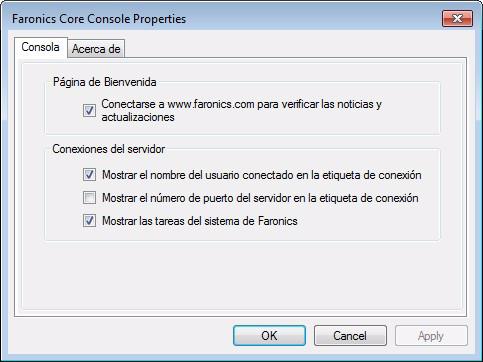 Ficha Console (Consola) 37 Ficha Console (Consola) La ficha Console (Consola) brinda las siguientes opciones de configuración: Seleccione la casilla de verificación Connect to www.faronics.