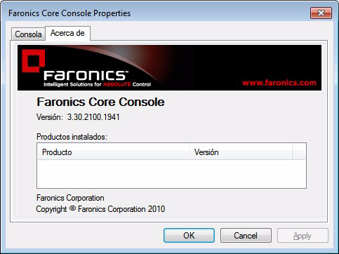 38 Cómo configurar la Consola Faronics Core en forma manual Ficha About (Acerca de) La ficha About (Acerca de) indica la versión de la Consola Faronics Core instalada en su computadora.