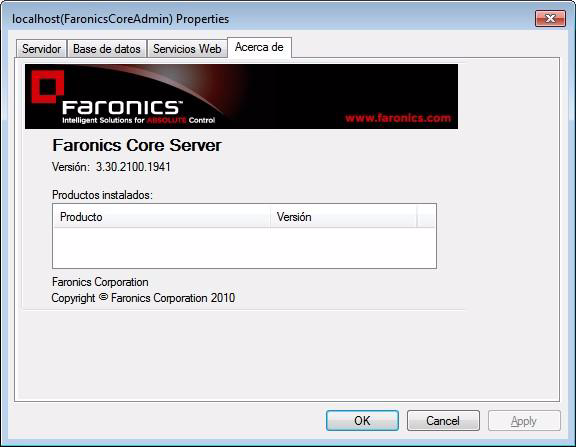 50 Configuración manual del Servidor Faronics Core Ficha About (Acerca de) La ficha About (Acerca de) indica la versión de Faronics Core instalada en su computadora.