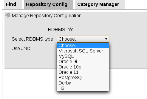 Capítulo 4. Configuración de la base de datos Figura 4.1. La herramienta de configuración del repositorio 3. Seleccione el tipo RDBMS Del menú desplegable Select RDBMS type: seleccione el tipo RDBMS.
