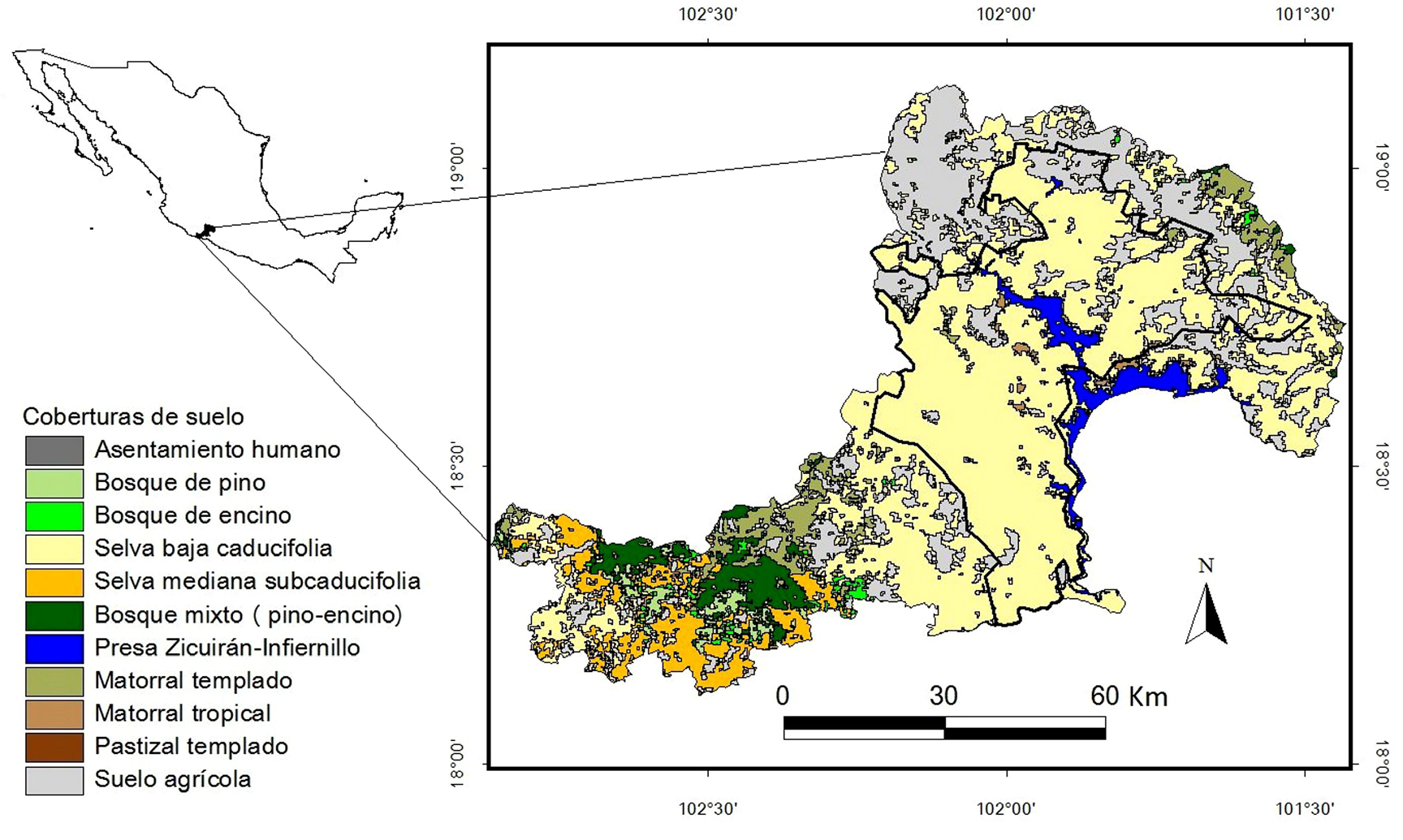 DISTRIBUCIÓN UNGULADOS Figura1. Localización geográfica del área de estudio. Se presentan los tipos de vegetación y coberturas del suelo. La línea negra representa la delimitación de la RBZI.