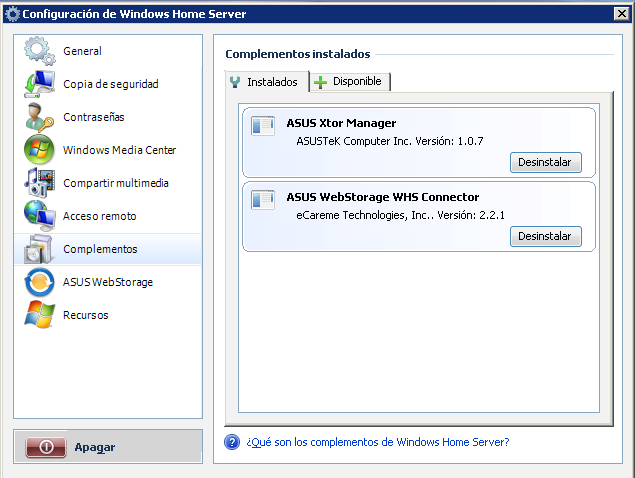 Complementos La página Complementos contiene complementos que agregan características y funcionalidades adicionales a Windows Home Server, como por ejemplo una nueva ficha a la Consola de Windows