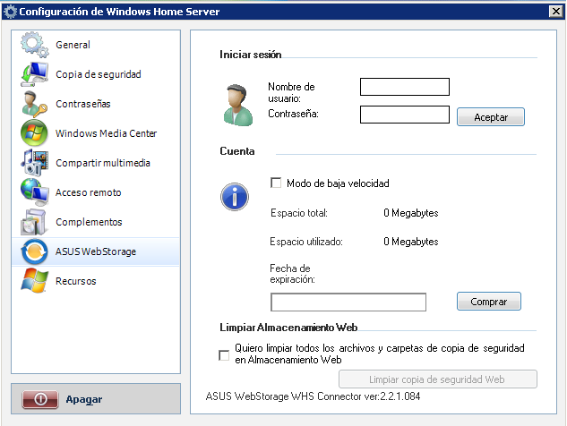 ASUS WebStorage La página de configuración ASUS WebStorage permite definir la configuración de la función ASUS WebStorage.