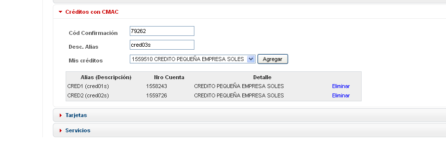 En la siguiente imagen podemos observar nuestras cuentas CCI registradas, en la opción del menú cuentas Interbancarias. Registro de Créditos con CMAC.