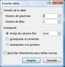NOTA También puede Insertar tabla especificando sus dimensiones y propiedades, para ello realice lo siguiente: 1. Coloque el cursor donde desee insertar una tabla. 2.