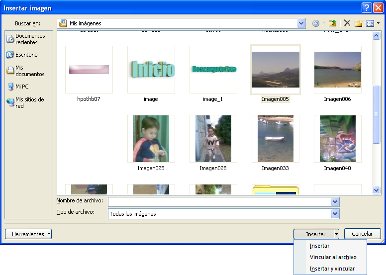 2. Seleccionar una de las categorías de imágenes, y hacer clic, o bien, con el botón derecho del ratón seleccionar el comando Insertar 3.