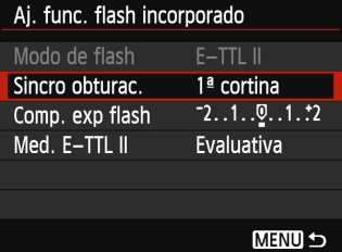 3 Ajuste del flashn [Aj. func. flash incorporado] y [Aj. func. flash externo] Con [Aj. func. flash incorporado] y [Aj. func. flash externo], puede ajustar las funciones de la tabla siguiente.