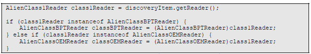 La clase padre, AbstractReader, proporciona la funcionalidad básica de una clase Reader genérica, el manejo serial, las comunicaciones de red, y métodos de bajo nivel para el envío de comandos a un