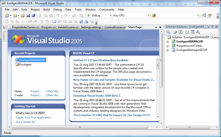 Figura A3.3 Visual Studio 2005 La última versión en línea de IDEs, Visual Studio.NET soporta los nuevos lenguajes.net: C#, Visual Basic.NET y Managed C++, además de C++. Visual Studio.NET puede utilizarse para construir aplicaciones dirigidas a Windows (utilizando Windows Forms), Web (usando ASP.