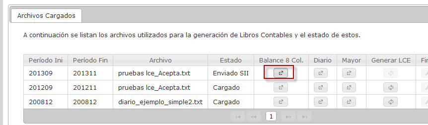 4. ARCHIVOS CARGADOS Esta opción permite al usuario realizar varias acciones: a) Vista de los archivos cargados para el período tributario seleccionado b) Generar Libro de Balance: libro de balance