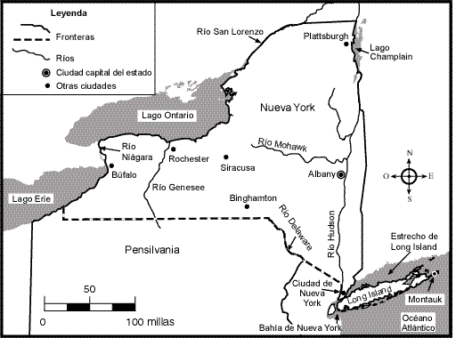 Base sus respuestas a las preguntas 14 y 15 en el mapa que aparece a continuación. 14 Cuál de los ríos forma parte de la frontera entre Pensilvania y el Estado de Nueva York?
