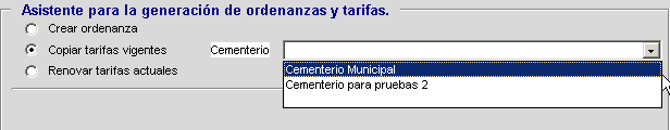 Consta de dos campos: Cementerio: Nombre del cementerio. Ordenanza: Ordenanza aplicada al cementerio.