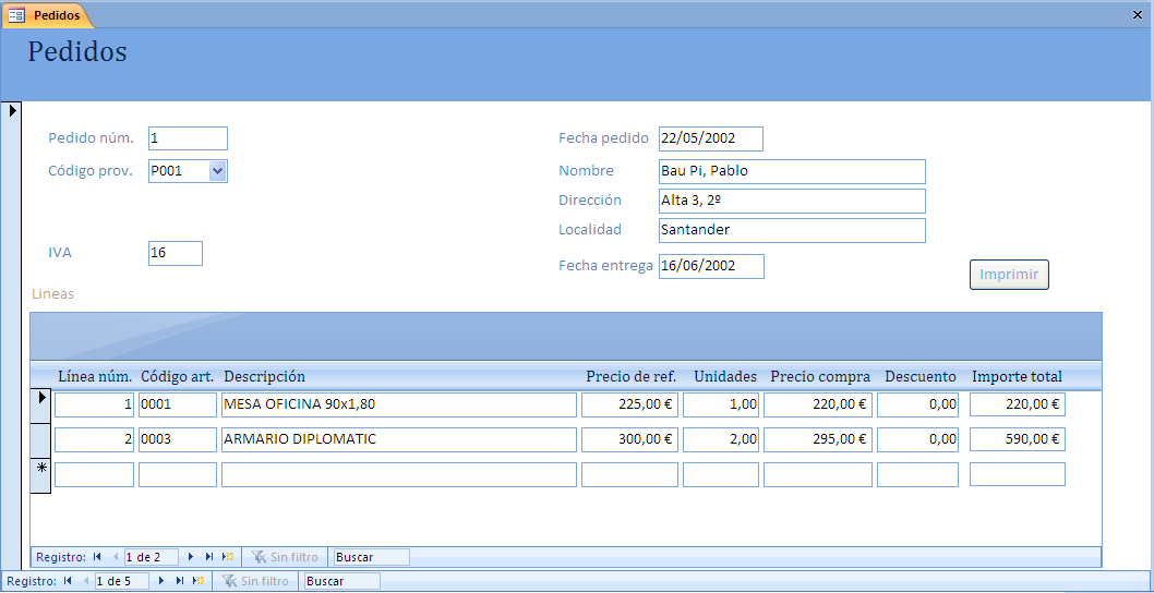 Base de datos Compras. Creación de formularios. MS Access Impresión del pedido que muestra el formulario Pedidos.
