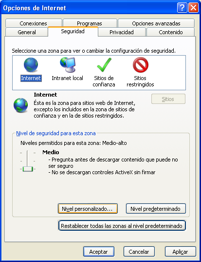 Instrucciones para la autenticación en el portal con DNIe Ilustración 1. Configuración nivel de seguridad en Internet Explorer.