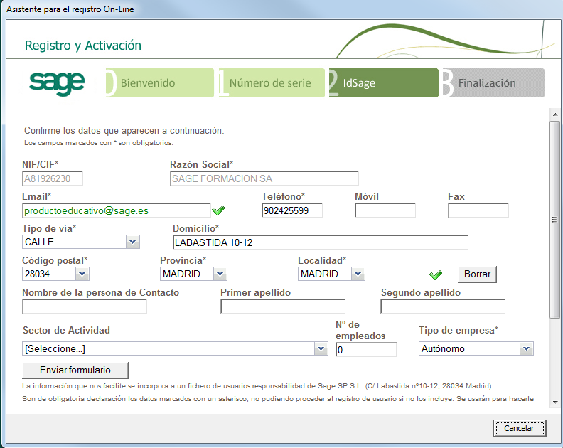 Por último completamos los datos del formulario que se enviará a Sage para su identificación como clientes.