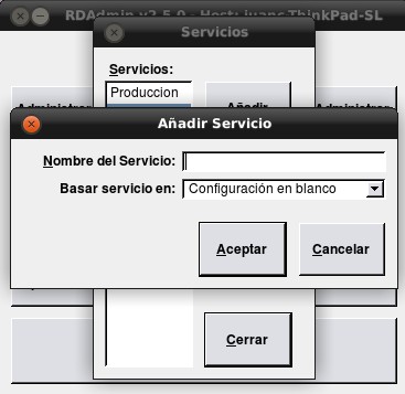 Al hacer click sobre el botòn Administrar Servicios se muestra un formulario en el cual aparecen los servicios registrados en Rivendell para ese momento y del lado derecho las opciones de