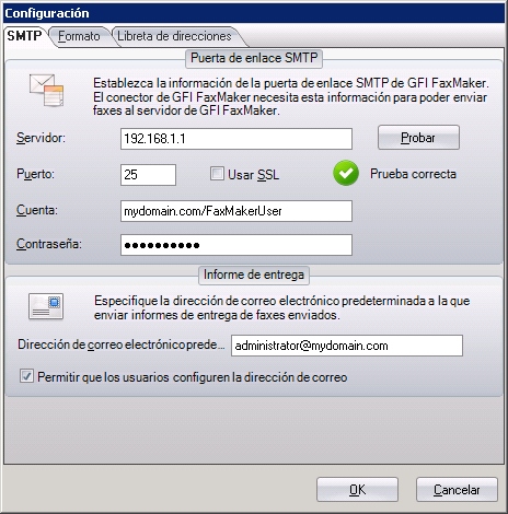 Captura de pantalla 94: Configuración de SMTP del conector de GFI FaxMaker Nuance ecopy ShareScan 4.