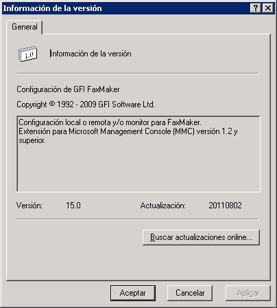 Captura de pantalla 111: Información de la versión de GFI FaxMaker 9.