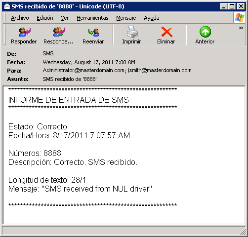 Captura de pantalla 115: SMS recibido visto en el cliente de correo electrónico Para obtener más información, consulte Configurar ajustes de SMS (página 195). 10.