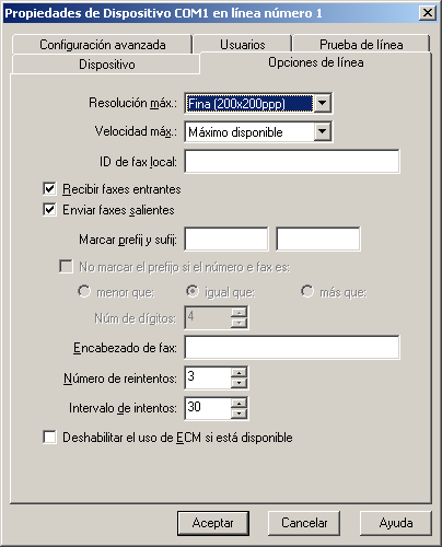 Captura de pantalla 46: Ficha de opciones de línea 5. En la ficha Opciones de línea, configure: Tabla 16: Línea de fax, Opciones de línea Opción Configuración Resolución máx. Velocidad máx.