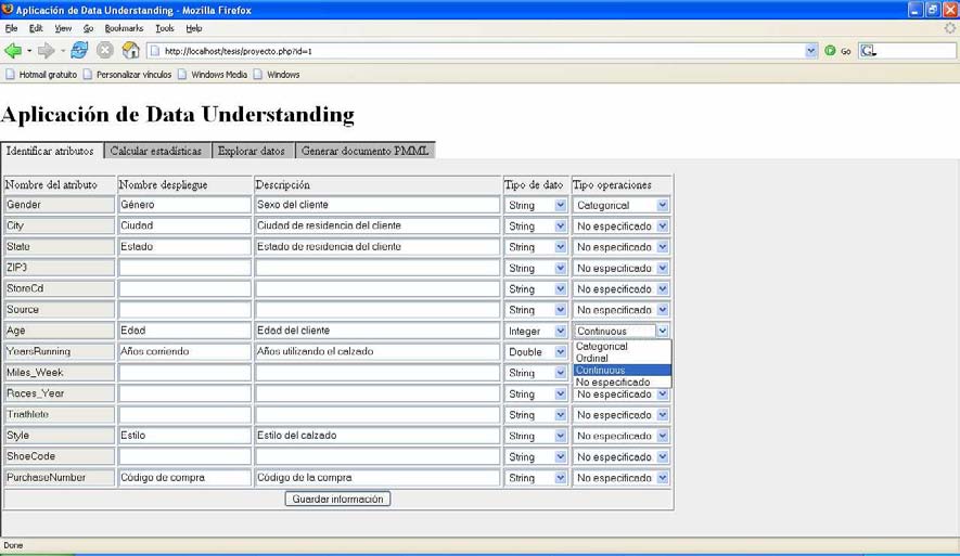 6 Vista parcial de los datos del archivo CSV de la tienda de zapatos Al cargar los datos del proyecto, la aplicación almacena la información cada atributo especificado en el archivo de datos y carga