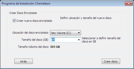 7. Elija la ubicación y el tamaño para su unidad de disco encriptada Chameleon. 8. Haga clic en Crear Disco. Todo el contenido copiado en la unidad de disco encriptada está protegida automáticamente.