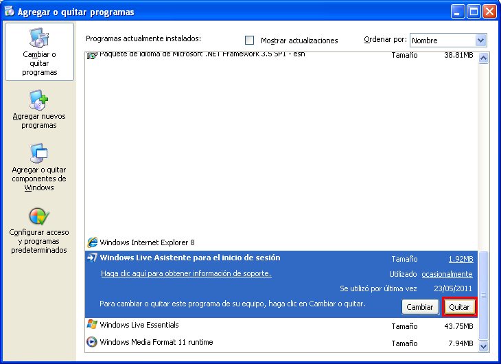 Desinstalar el Windows Live Asistente para el Inicio de Sesión Este software se instala automáticamente con el Windows Live Messenger, de lo contrario no se puede