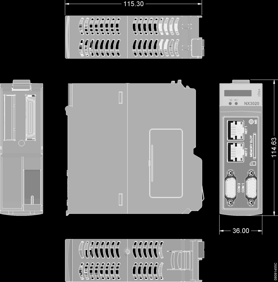NX3010, NX3020 y NX3030 Dimensiones en mm. Instalación Todas las informaciones sobre instalación eléctrica, montaje mecánico y inserción de módulo se encuentran en el Manual del Usuario MU214300.