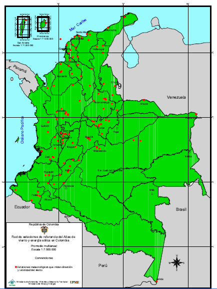 La Figura 43 muestra la localización de las estaciones pertenecientes a la red de referencia seleccionada para el Atlas de Viento y Energía Eólica de Colombia (IDEAM, 2006).