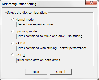 Uso de RAID Utility Seleccione la estructura de unidades que desee utilizar. En Windows, puede formatear el disco con FAT32 o NTFS. Seleccione el formato que desee.