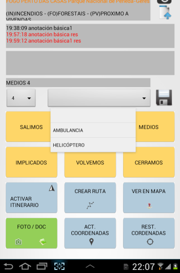 Aplicación Remote Manager Mobile (versión para Tablet) Una vez seleccionada la incidencia, se nos abrirá una ventana con diferentes botones: Los botones amarillos permiten construir frases con