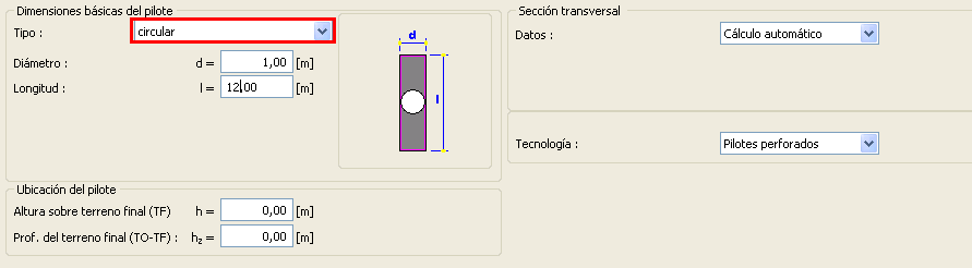 Cuadro Nueva carga En el cuadro "Geometría" especificamos la sección transversal circular del pilote y determinamos sus dimensiones básicas, es decir, el diámetro y la longitud.