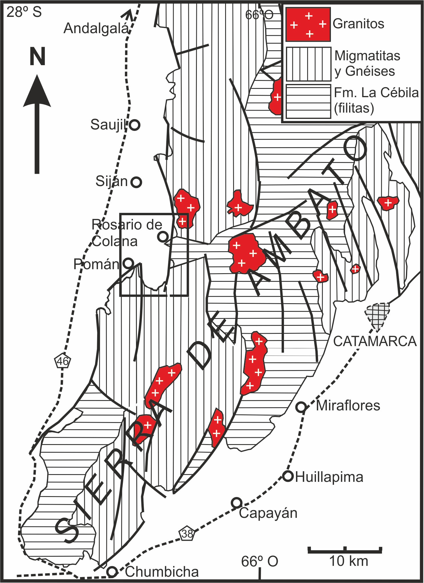 150 INTERPRETACIÓN GENÉTICA Y EDAD DEL META-CONGLOMERADO COLANA Figura 1. Esquema geológico de la Sierra de Ambato, con la ubicación de la zona de estudio.
