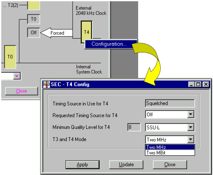 CAPÍTULO 5: DISEÑO Y PLAN DE SINCRONISMO 150 Configuración de la interfaz T4. Para acceder a la ventana de configuración de la interfaz T4 seguiremos lo indicado en la figura 5.20.