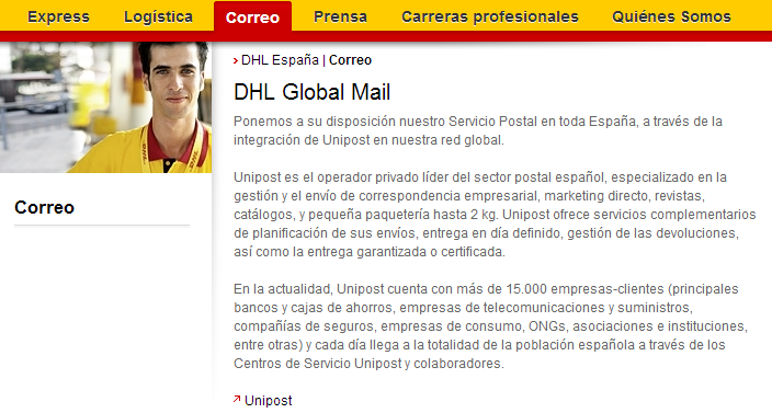 Figura 6.7. Interfaz de DHL Global Mail España, donde deriva a la empresa filial Unipost. Fuente: DHL.es PRENSA.