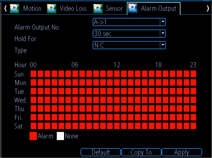 26 Menú alarma Opciones de salida de audio N. de salida de alarma Mantener Tipo Programación Seleccione la salida de alarma que desea configurar.