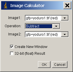 SUBTRACT Lo que está en la imagen de yoduro pero no en la de gfp 6º - Hacer cálculo entre imágenes, Process/ Image Calculator: Gfp+yoduro (red) (SUBTRACT ) Gfp+yoduro (green) Que es lo