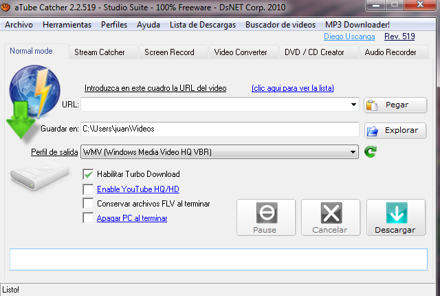 URL o dirección de you tube donde se encuentra el video Carpeta donde se almacenará cuando se descargue Formato cual
